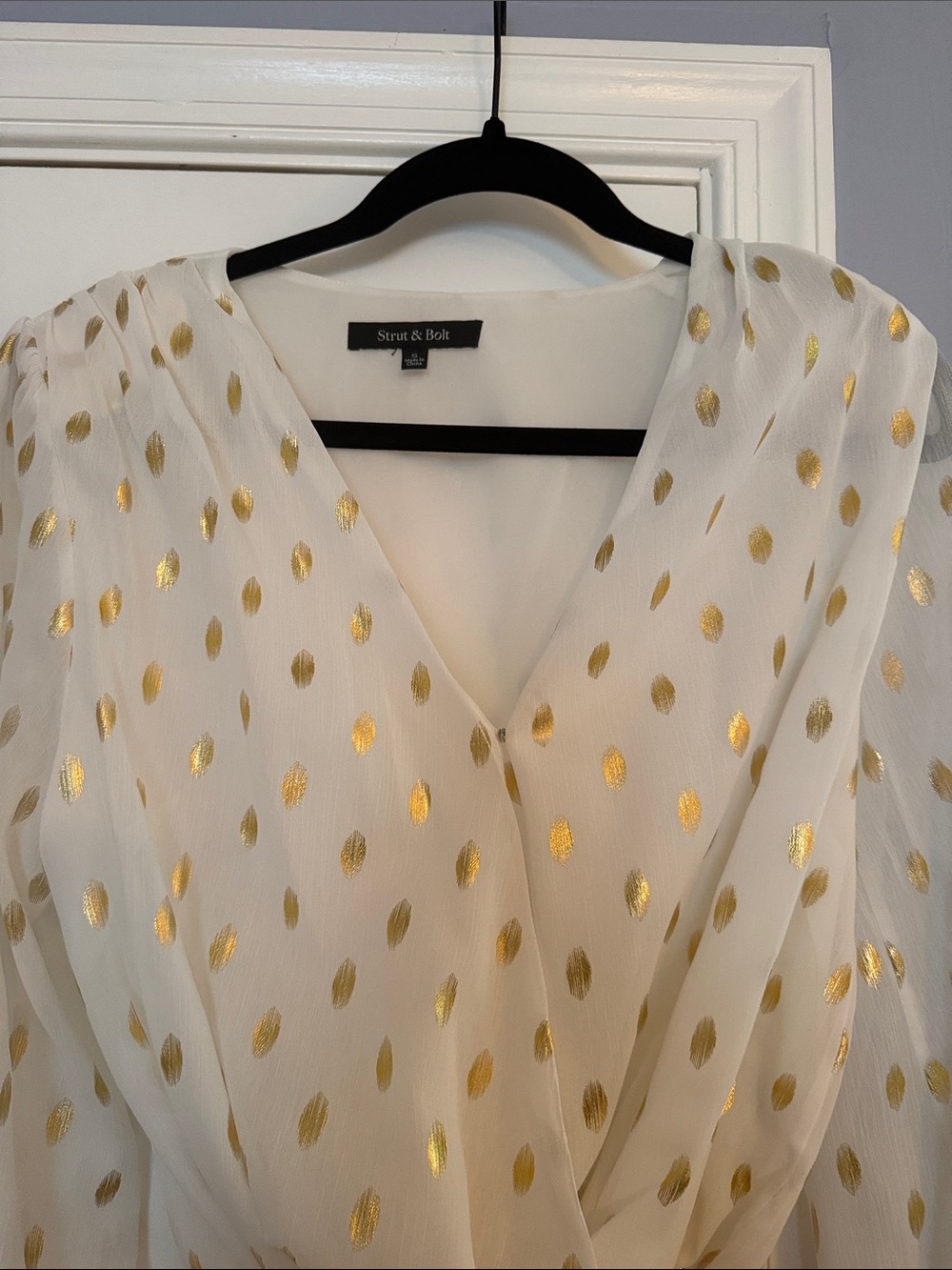Strut & Bolt White V-Neck Bodysuit with Gold Foil Dot Accent